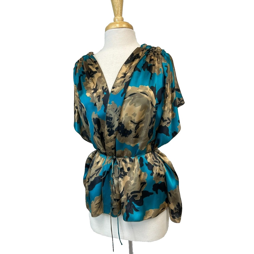 STELLA/MCCARTNEY Belted Caftan Top Silk Teal Taupe Print V-Neck Pleated SZ 38/M